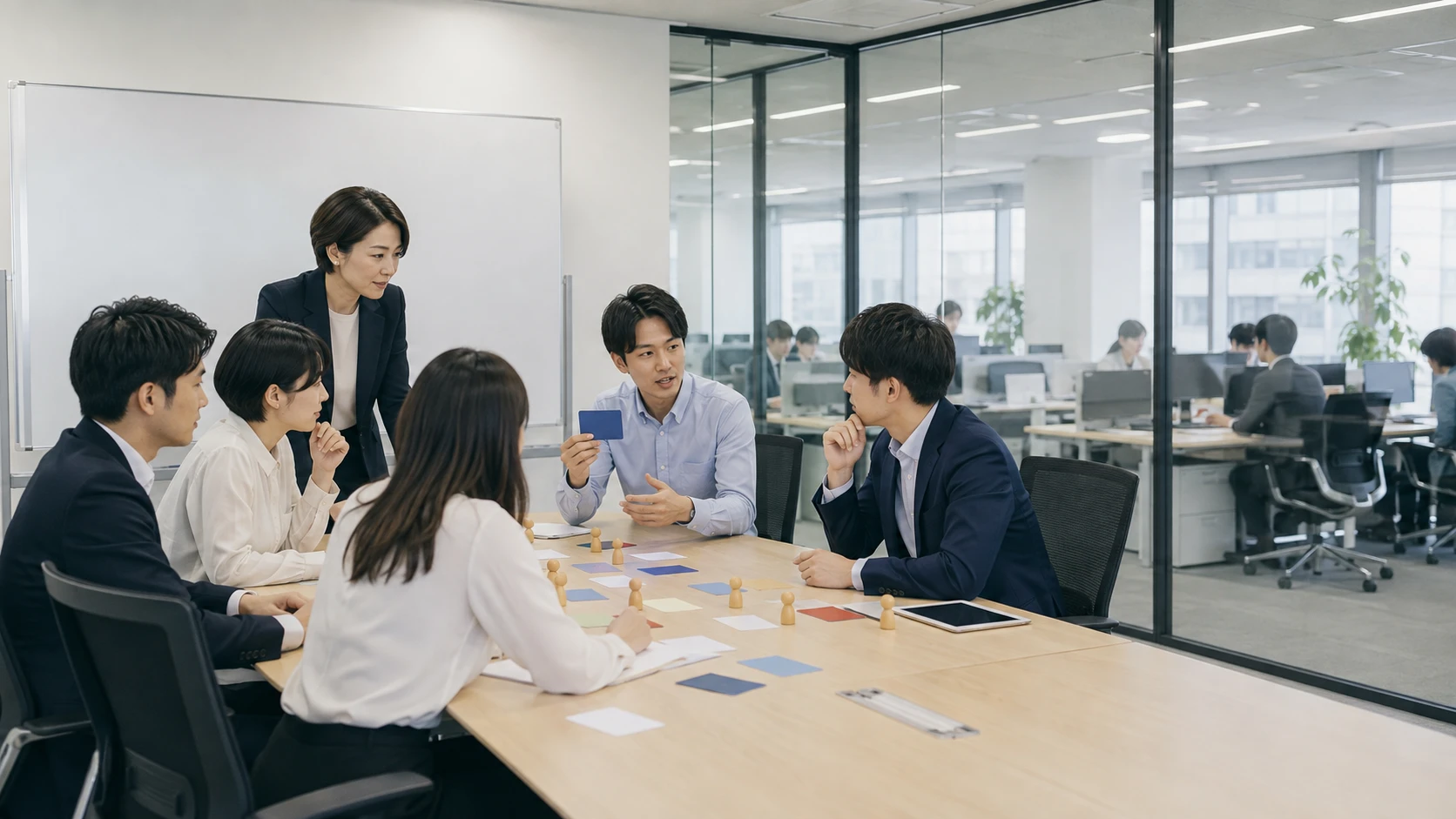 会議室でカラーカードを使った研修ワークに取り組むチーム